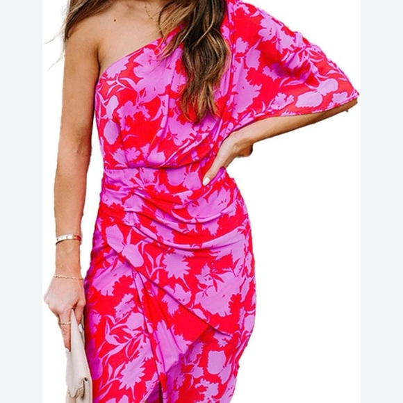 NWT Do+Be hot pink floral one shoulder midi dress - Picture 4 of 11
